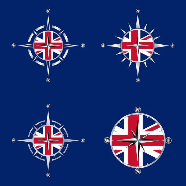 Set of compass roses, wind roses on the background of the British flag. Illustration.
