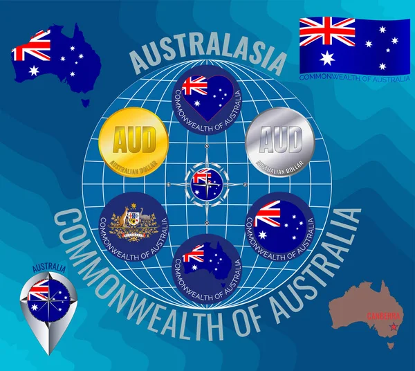 Set of illustrations of flag, contour map, money, icons of Australia. Travel concept.