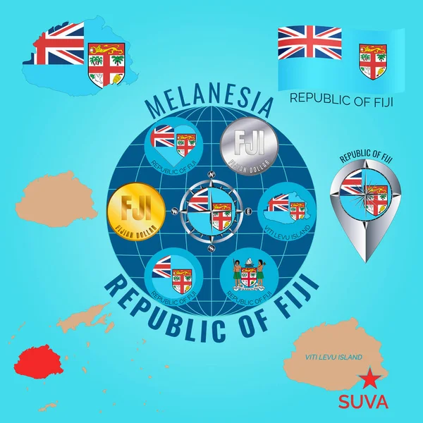 Set of illustrations of flag, contour map, money, icons of Fiji Island. Travel concept.