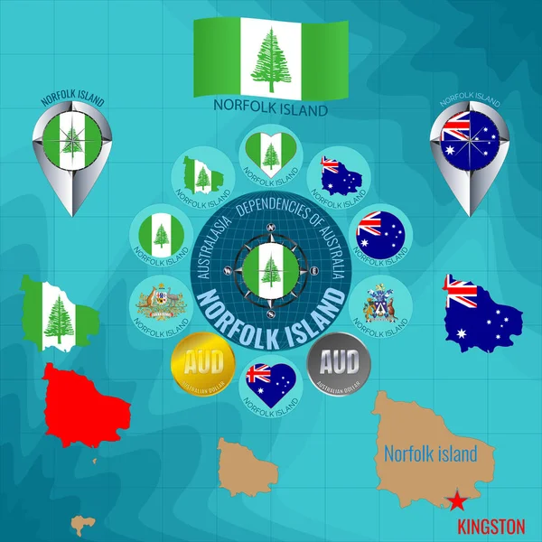 Soubor Ilustrací Vlajky Obrysové Mapy Peněz Ikon Norfolk Island Cestovní — Stock fotografie