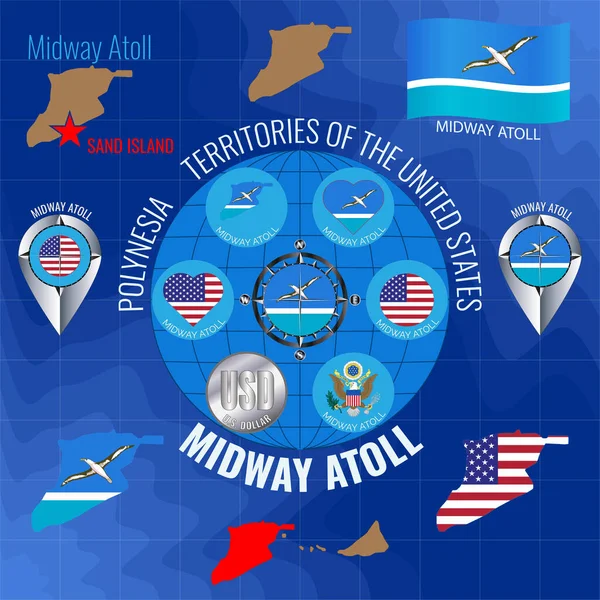 Set of illustrations of flag, contour map, money, icons of MIDWAY ATOLL. Travel concept.