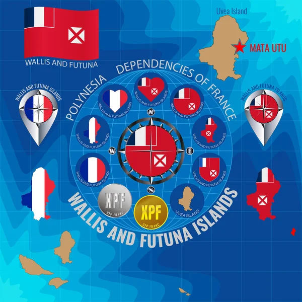 Set of illustrations of flag, contour map, money, icons of Wallis and Futuna Islands. Travel concept.