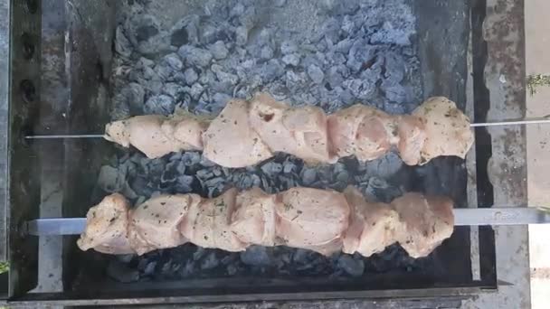 烤烤肉串在绞架上 用炽热的煤和烟烤着 绞刑架自动旋转 — 图库视频影像