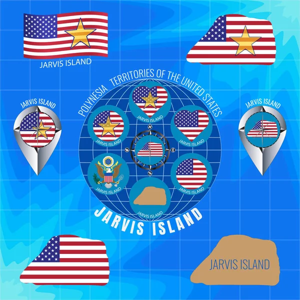 Set of illustrations of flag, contour map, money, icons of JARVIS ISLAND. Territories of the United States. Travel concept.