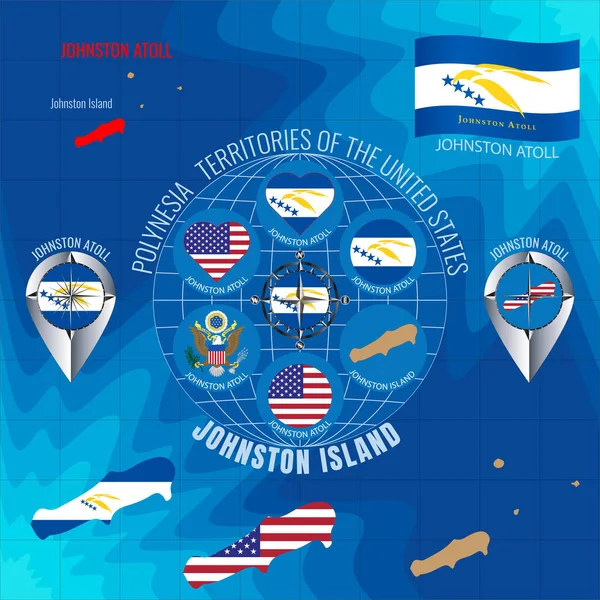 Set of illustrations of flag, contour map, money, icons of JOHNSTON ATOLL. Territories of the United States. Travel concept.
