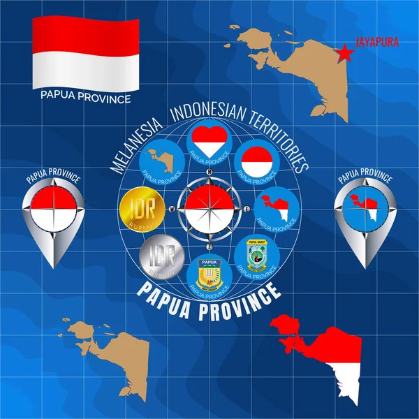 Set Ilustrasi Bendera Peta Garis Luar Ikon Papua Province Indonesian — Stok Foto
