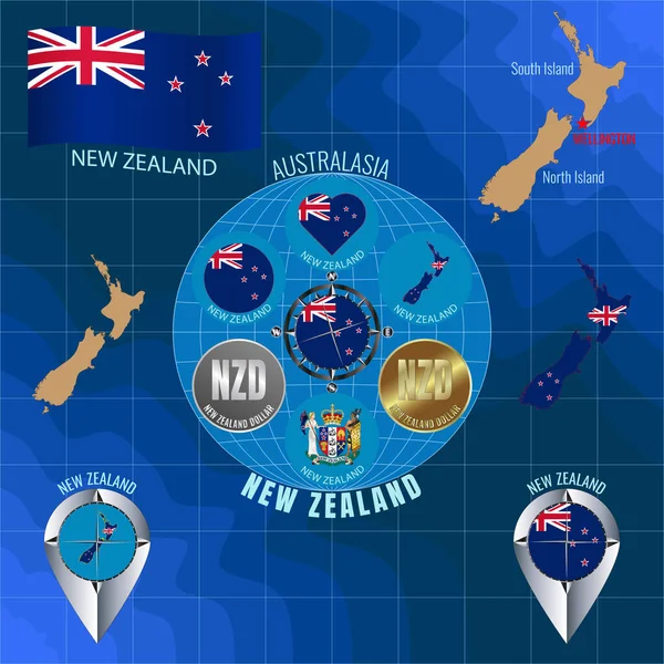 Uppsättning Illustrationer Flagga Skiss Karta Ikoner För Nya Zealand Resebegrepp — Stockfoto