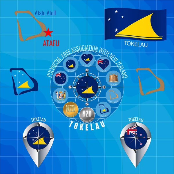 Conjunto Ilustraciones Bandera Esquema Mapa Iconos Tokelau Concepto Viaje —  Fotos de Stock