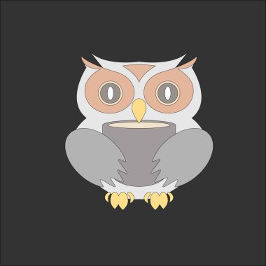 El çizimi kahve posteri. Bir fincan sıcak kahveyle sevimli bir baykuş. Kartpostal ya da yazılı davetiye. Ama önce, kahve. Amblem, bir kafe ya da yemek odası için imza at..