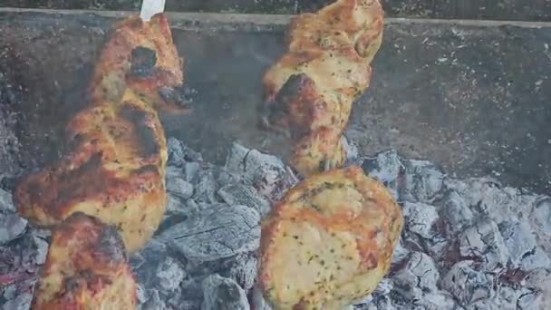 Carne Assada Grelhada Amarrada Espetos Grelhada Com Carvão Quente Fumaça — Vídeo de Stock