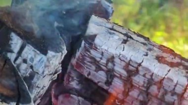 Yanan odunla ateşi kapat. Alevler ve kor.