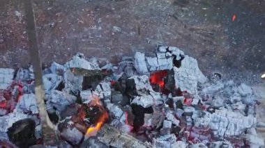 Bahçedeki odun ve kömürleri odun sopasıyla yakmak için. Arkaplan alevi yakın plan.