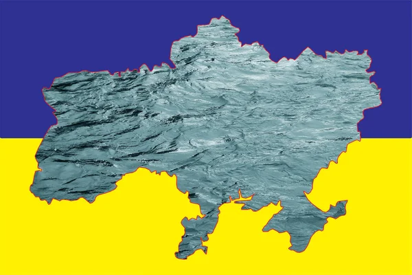Begreppsmässigt Collage Flagga Ukraina Med Konturkarta Fylld Med Vatten Olycka — Stockfoto