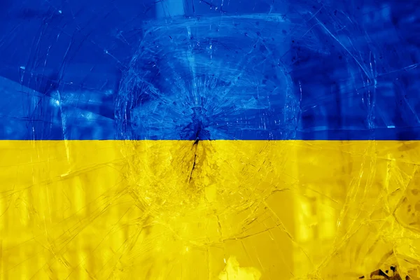 Τρύπα Από Σφαίρα Ρωγμές Στο Γυαλί Κίτρινο Μπλε Φόντο Σημαία — Φωτογραφία Αρχείου