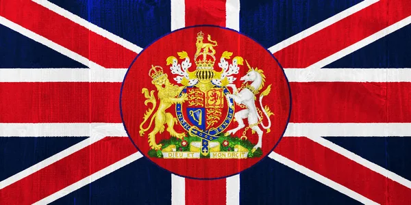 Büyük Britanya Bayrağı Arması Dokulu Bir Arka Planda Kavram Kolajı — Stok fotoğraf