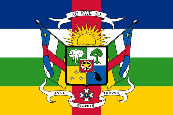 中非共和国目前的官方旗帜和国徽 中非共和国国旗 说明1 — 图库照片