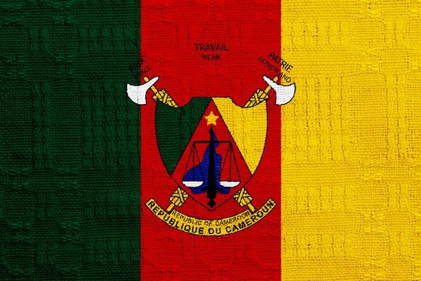 Σημαία Και Εθνόσημο Της Δημοκρατίας Του Καμερούν Ανάγλυφο Φόντο Κολάζ — Φωτογραφία Αρχείου