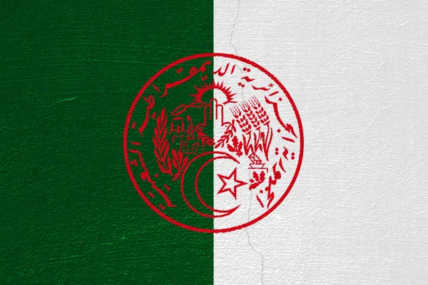 Σημαία Και Οικόσημο Της Λαϊκής Δημοκρατίας Της Αλγερίας Ανάγλυφο Φόντο — Φωτογραφία Αρχείου