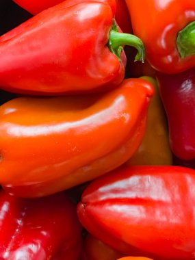 Taze sulu olgun dolmalık biberin geçmişi. Sağlıklı gıda konsepti. Yakın plan..