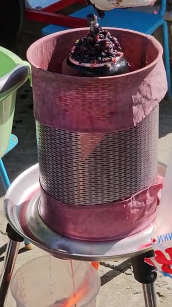 自制葡萄酒的制作过程 酿酒机将压碎的葡萄装入液压机 — 图库视频影像