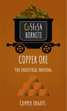 Bakır cevheri ve bakır külçelerin çizimleri. Endüstriyel polis mineralleri. Doğuştan. Stratejik mineraller.