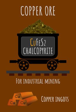 Bakır cevheri ve bakır külçelerin çizimleri. Endüstriyel polis mineralleri. Chalcopyrite. Stratejik mineraller.