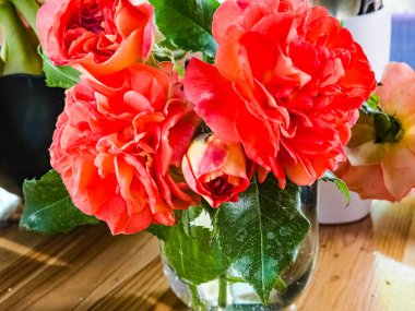 Masadaki bardakta bir buket kırmızı gül. Kırsal tarzda bir buket gül..