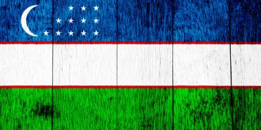 Özbekistan Cumhuriyeti bayrağı dokulu bir arkaplanda. Kavram kolajı.