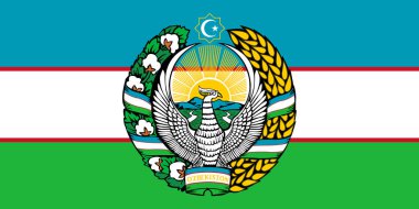 Özbekistan Cumhuriyeti 'nin resmi bayrağı ve arması. Özbekistan bayrağı. Görüntü.