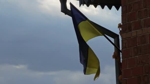 Den Ukrainska Flaggan Fladdrar Vinden Mot Molnig Dyster Himmel — Stockvideo