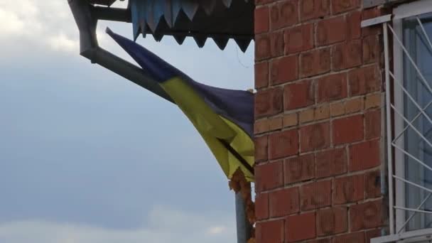 ウクライナの旗は曇った暗い空に向かって風に飛び立つ — ストック動画
