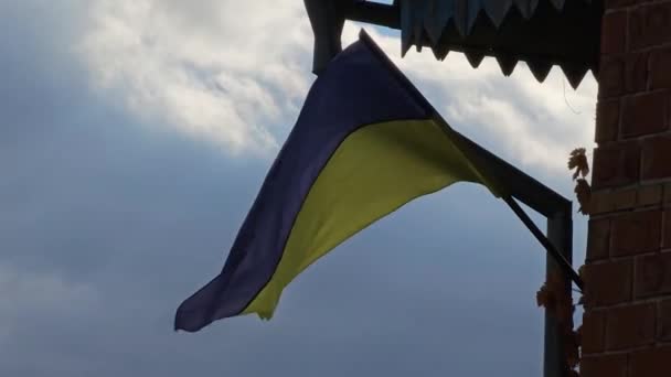 Oekraïense Vlag Wappert Wind Tegen Een Bewolkte Sombere Lucht — Stockvideo