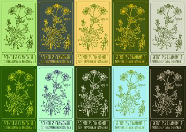 stock image Set of  drawing of SCENTLESS CHAMOMILE in various colors. Hand drawn illustration. Latin name TRIPLEUROSPERMUM INODORUM L.