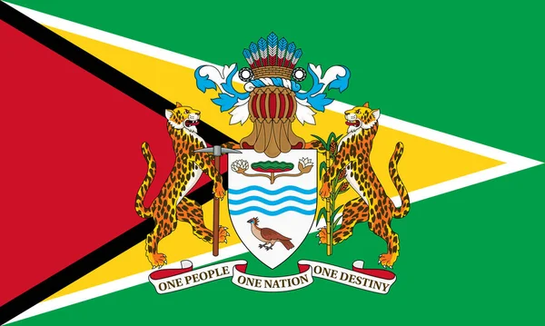 The official current flag and coat of arms of Co-operative Republic of Guyana. State flag of Guyana. Illustration.