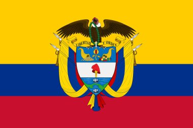 Kolombiya Cumhuriyeti 'nin resmi bayrağı ve arması. Kolombiya bayrağı. Görüntü.