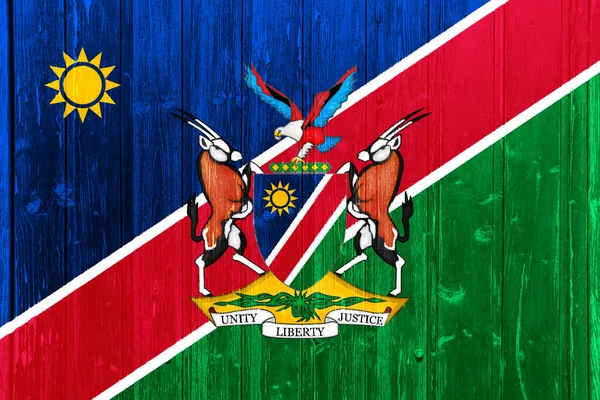 Bandera Escudo Armas República Namibia Sobre Fondo Texturizado Concepto Collage — Foto de Stock