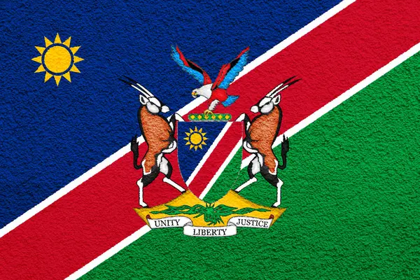 Bandera Escudo Armas República Namibia Sobre Fondo Texturizado Concepto Collage — Foto de Stock