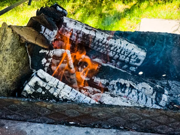 Close-up of a fire with firewood, coals and ashes.