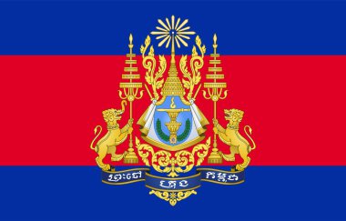 Kamboçya Krallığı 'nın resmi bayrağı ve arması. Kamboçya 'nın resmi bayrağı. Görüntü.