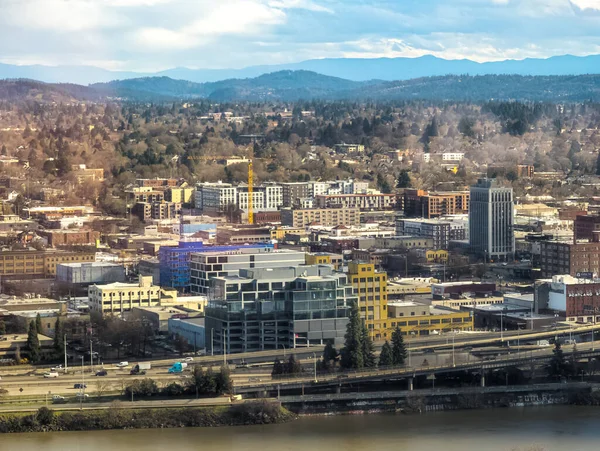 Views of Portland from a high point in the city. View from the window of the Portland City Grill seafood restaurant.