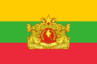 Myanmar Cumhuriyeti 'nin resmi bayrağı ve arması. Myanmar eyalet bayrağı. Görüntü.