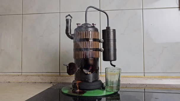 Process Distilling Wine Mini Distillery Using Wood Volume 400 — Stock Video