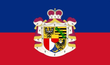 Lihtenştayn Prensliği 'nin resmi bayrağı ve arması. Liechtenstein eyalet bayrağı. Görüntü.
