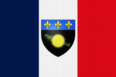 Arka planda Guadeloupe bayrağı ve arması var. Kavram kolajı.