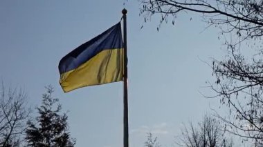 Gölgeli bir Ukrayna bayrağı, mavi gökyüzüne karşı rüzgarda dalgalanıyor..