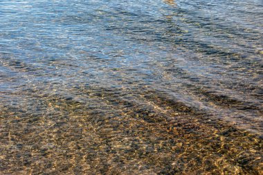 Traunsee Gölü 'nün kıyı bölgesindeki sularının arka planı. Suyun altındaki taşların renkli dokusu.