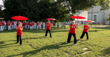 Dnepr, Ukrayna - 06.21.2021: Parkta şemsiyelerle sağlık ve spor yapan bir grup yaşlı insan.