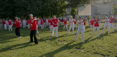 Dnepr, Ukrayna - 06.21.2021: Parkta bir topla sağlık ve spor yapan bir grup yaşlı insan.