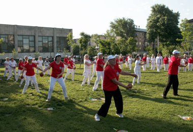 Dnepr, Ukrayna - 06.21.2021: Parkta bir topla sağlık ve spor yapan bir grup yaşlı insan.
