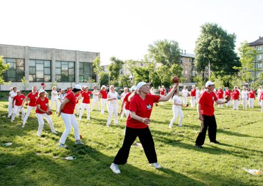 Dnepr, Ukrayna - 06.21.2021: Parkta bir topla sağlık ve spor yapan bir grup yaşlı insan.